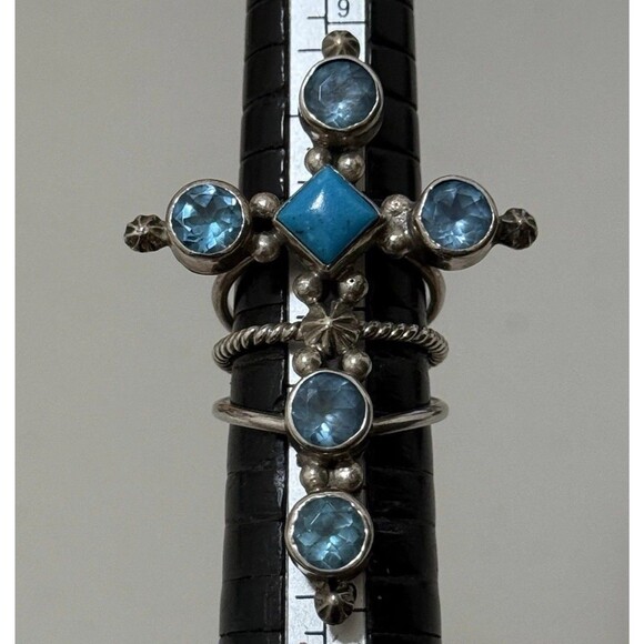 Vintage Running Bear Statement Sterling Cross Ring With Turquoise & Topaz Stones - Picture 1 of 4